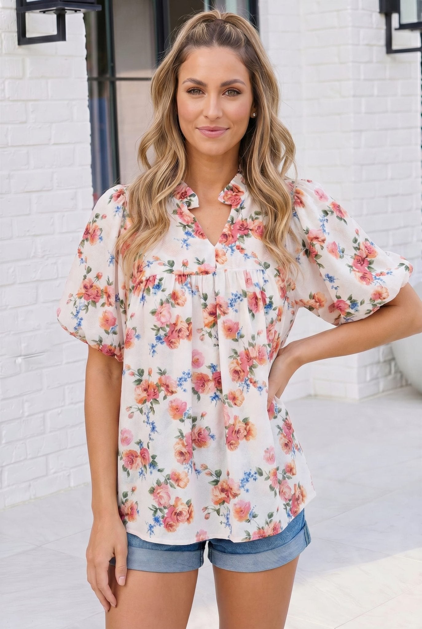 Blooming With Joy Ivory Floral Puff Sleeve Top - Bitsy Gypsy Boutique