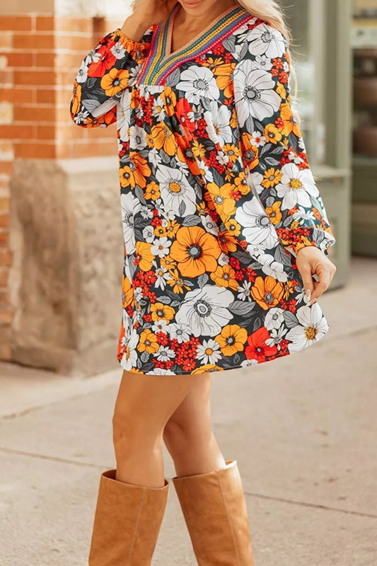 Boho Floral Print V-Neck Mini Dress with Pockets - Bitsy Gypsy Boutique