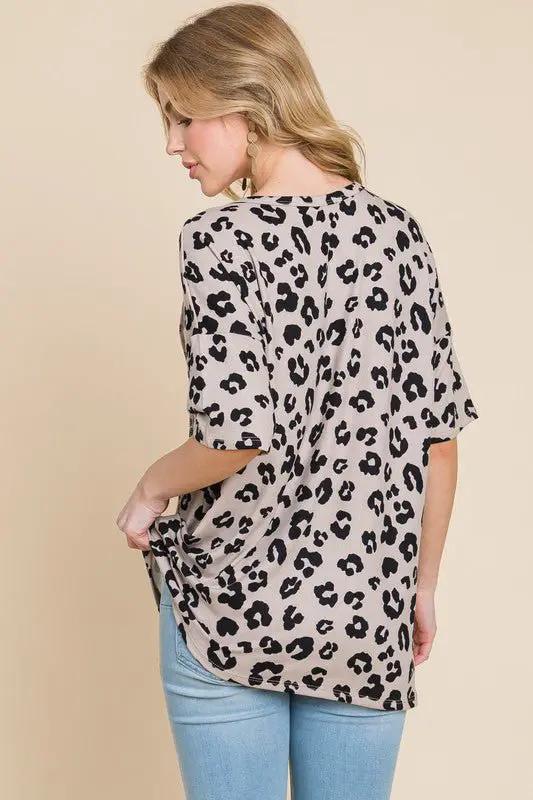 BOMBOM Button Detail Exposed Seam Leopard Half Sleeve Top by Trendsi