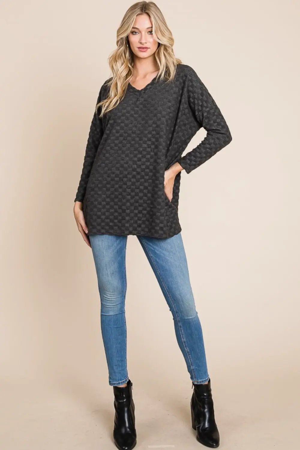 BOMBOM Checkered Long Sleeve V-Neck T-Shirt by Trendsi