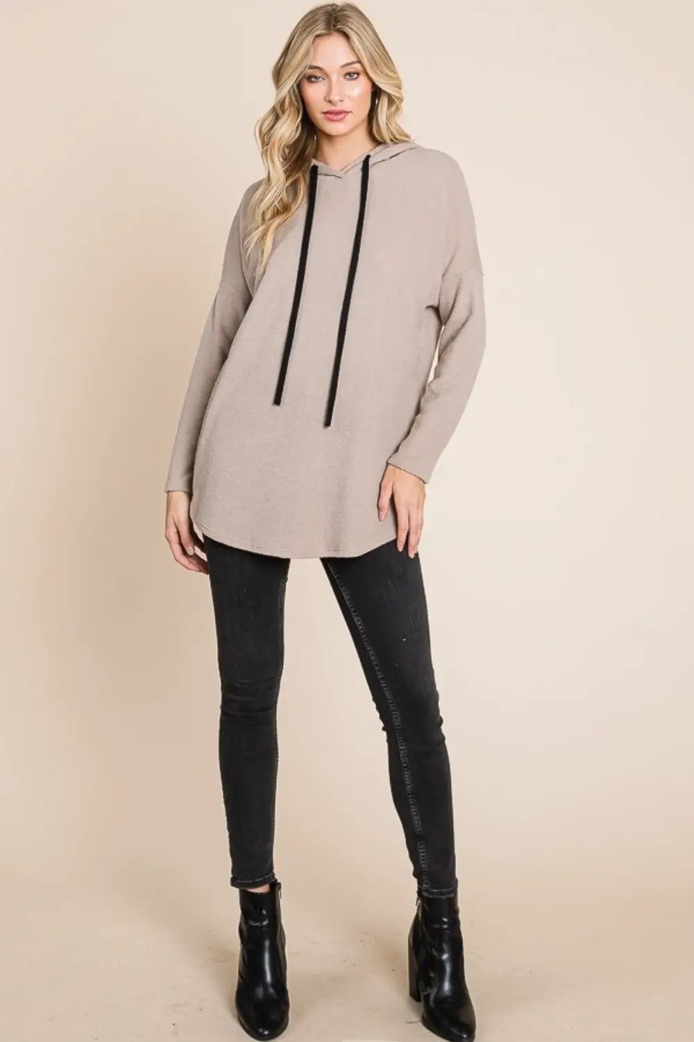 BOMBOM Contrast Drawstring Drop Shoulder Knit Hoodie by Trendsi