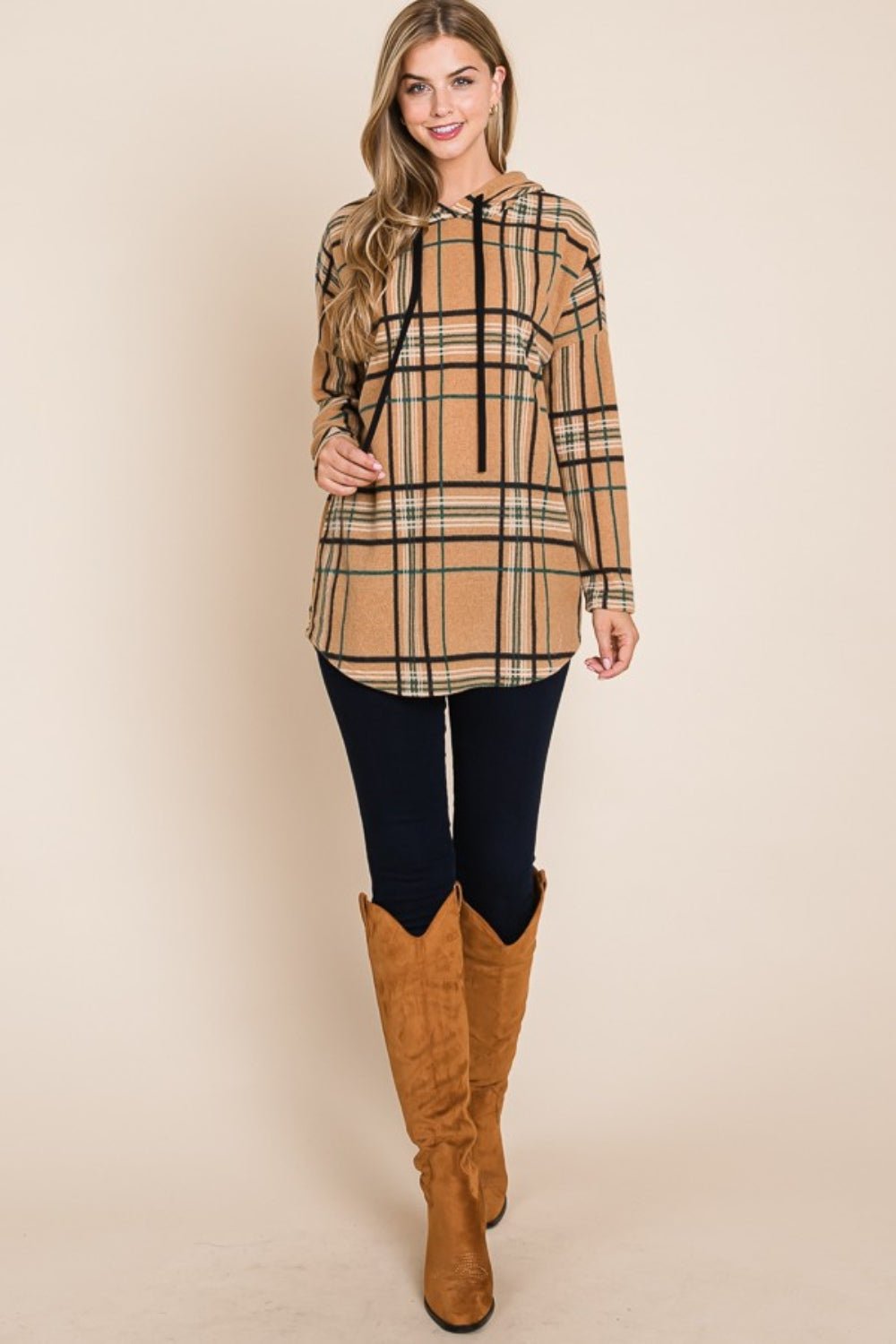 BOMBOM Drawstring Plaid Long Sleeve Hoodie - Bitsy Gypsy Boutique