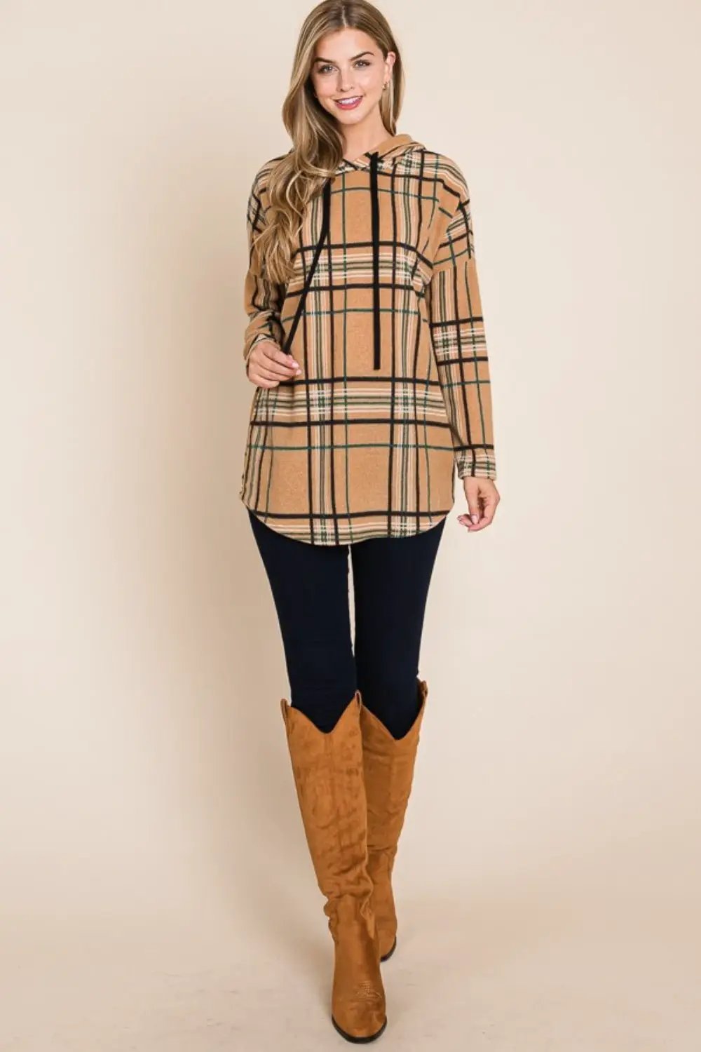 BOMBOM Drawstring Plaid Long Sleeve Hoodie by Trendsi