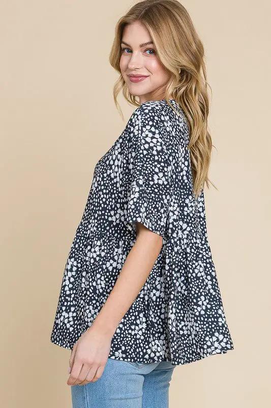 BOMBOM Floral Round Neck Peplum Blouse by Trendsi