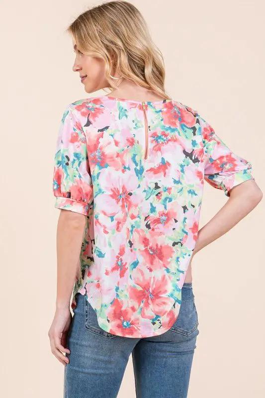 BOMBOM Floral Round Neck Puff Sleeve Top by Trendsi