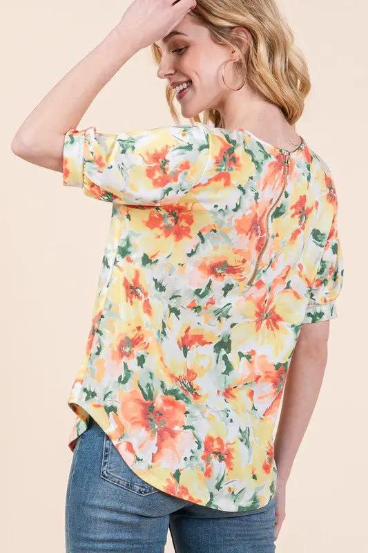 BOMBOM Floral Round Neck Puff Sleeve Top by Trendsi
