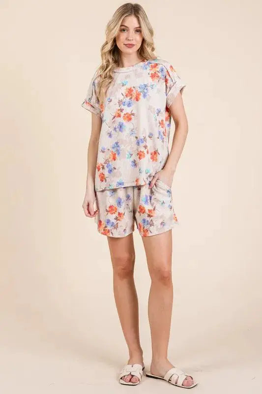 BOMBOM Floral Round Neck RIbbed T-Shirt by Trendsi
