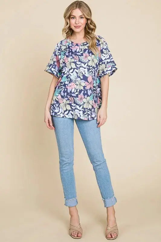 BOMBOM Floral Round Neck Short Sleeve T-Shirt by Trendsi