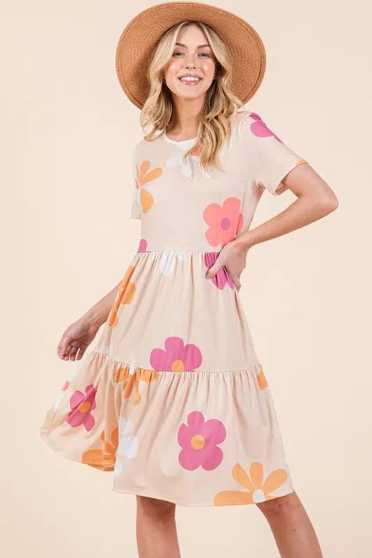 BOMBOM Floral Round Neck Short Sleeve Tiered Dress by Trendsi