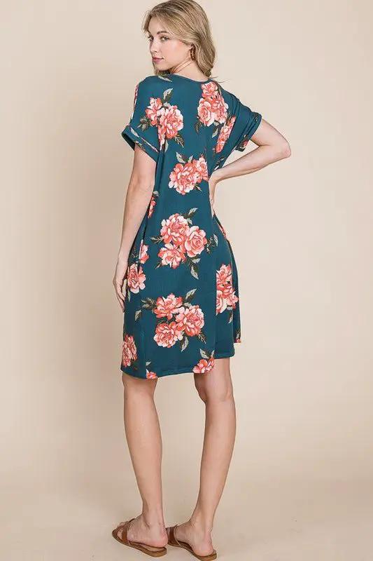 BOMBOM Floral Round Neck Short Tee Dress with Pockets by Trendsi