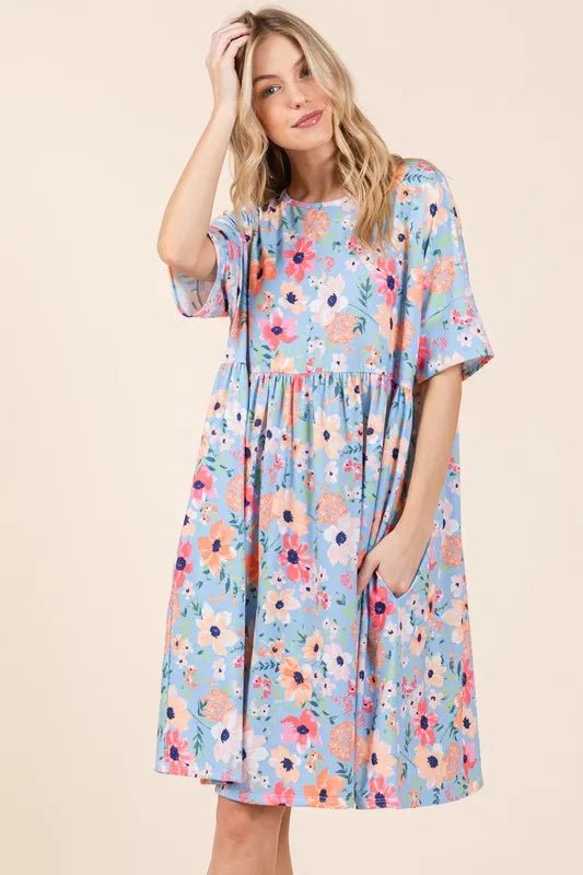 BOMBOM Floral Shirred Dress with Pockets - Bitsy Gypsy Boutique