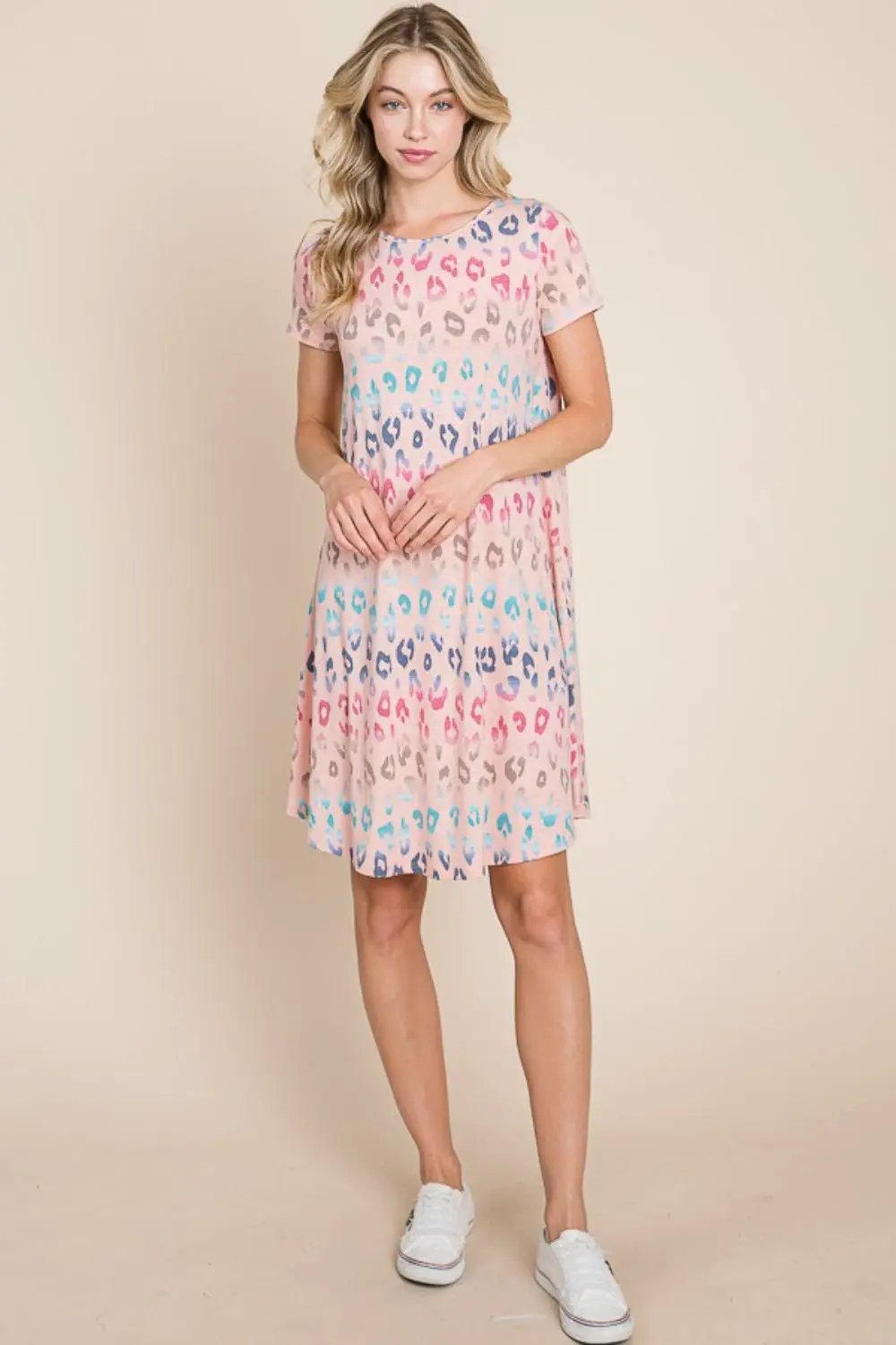 BOMBOM Leopard Round Neck Short Sleeve Dress by Trendsi