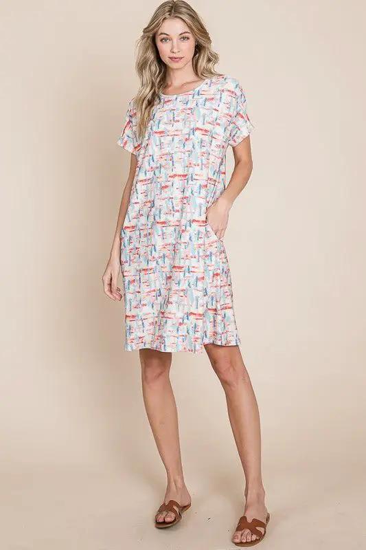 BOMBOM Printed Round Neck Short Sleeve Tee Dress by Trendsi