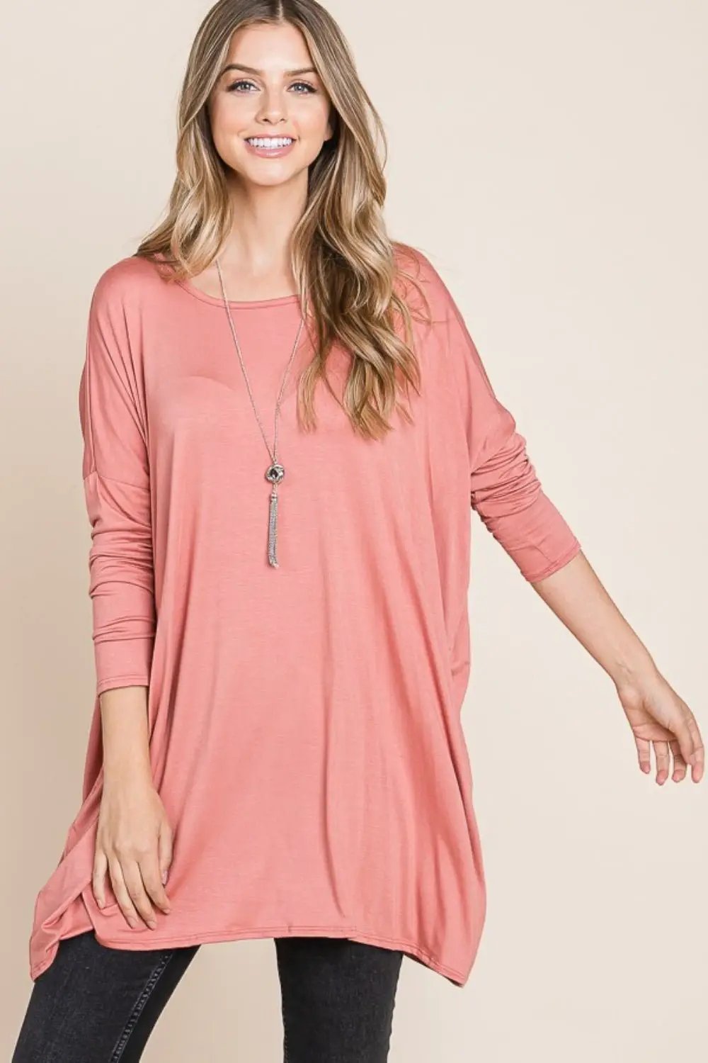 BOMBOM Round Neck Long Sleeve Oversized Top by Trendsi
