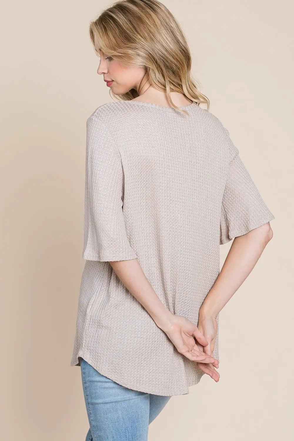 BOMBOM Round Neck Waffle Knit T-Shirt by Trendsi