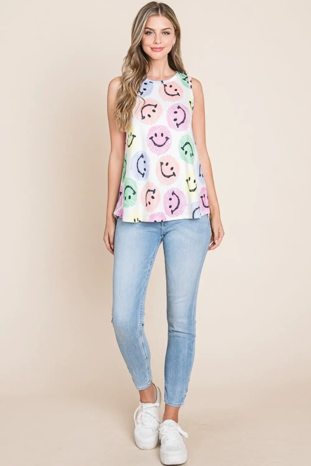 BOMBOM Smiley Face Round Neck Tank by Trendsi