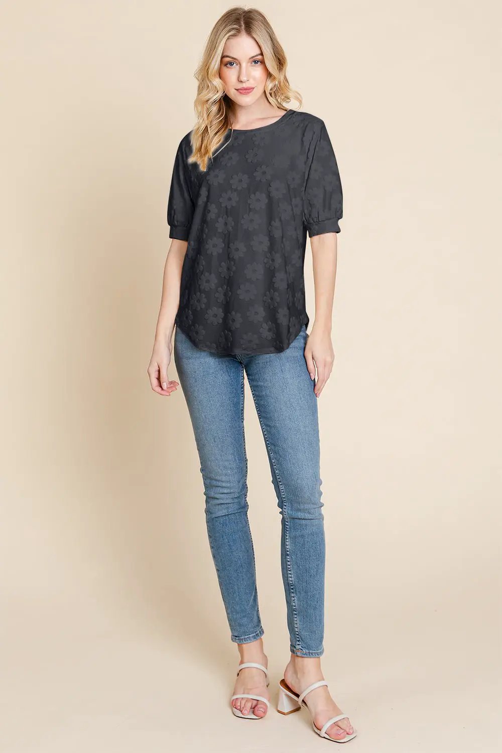 BOMBOM Textured Floral Pattern Top by Trendsi