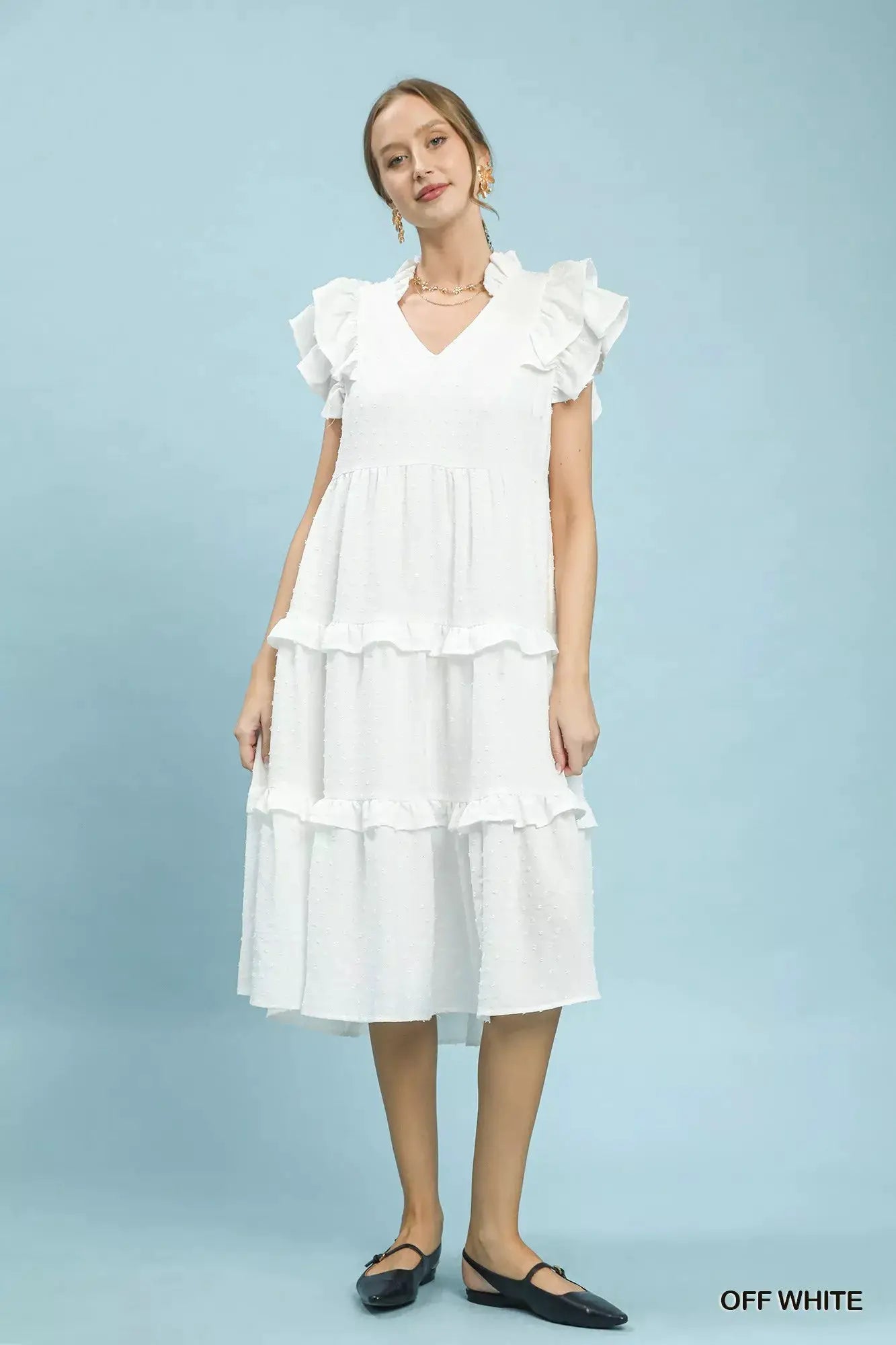 Umgee Textured Ruffle Sleeve Tiered Midi Dress by Trendsi