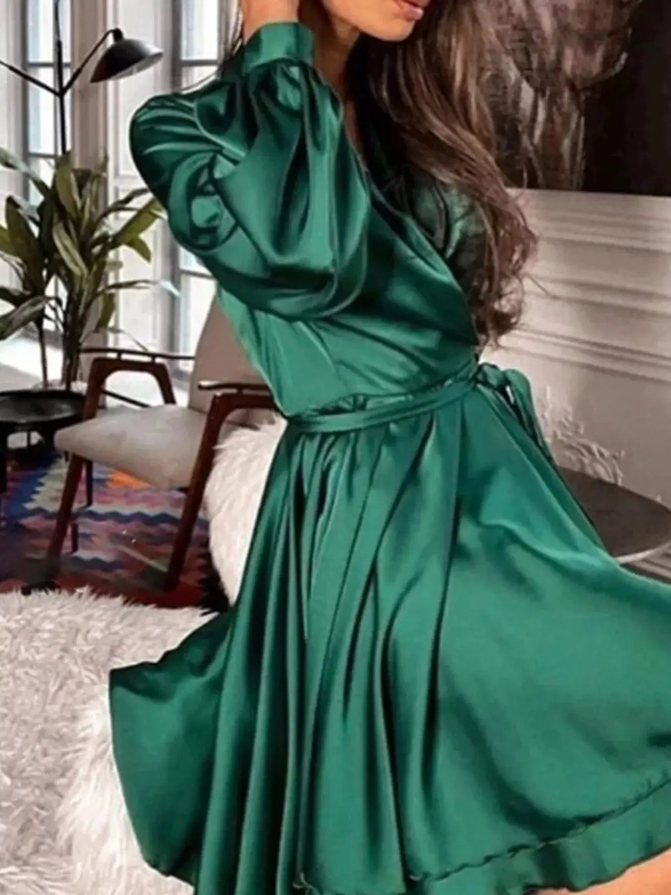 Satin Surplice Long Sleeve Mini Dress by Trendsi