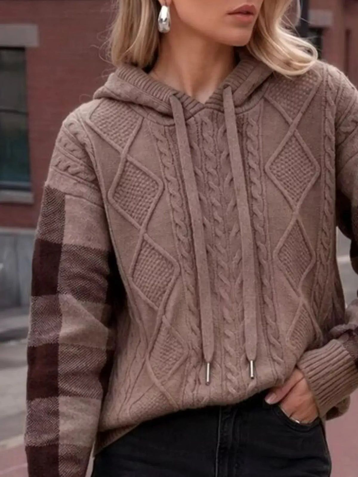 Cable-Knit Plaid Sleeves Hooded Sweater - Bitsy Gypsy Boutique