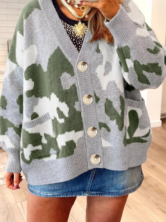Camouflage Drop Shoulder V Neck Button Front Cardigan - Bitsy Gypsy Boutique