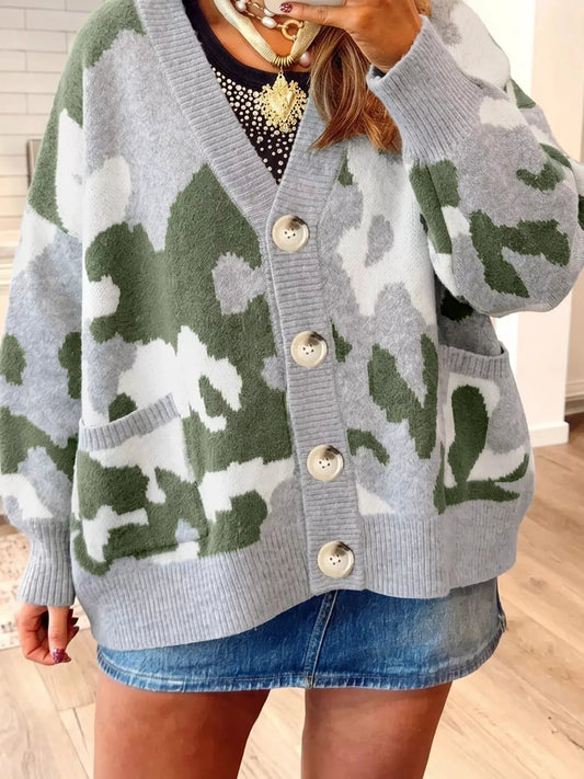 Camouflage Drop Shoulder V Neck Button Front Cardigan by Trendsi