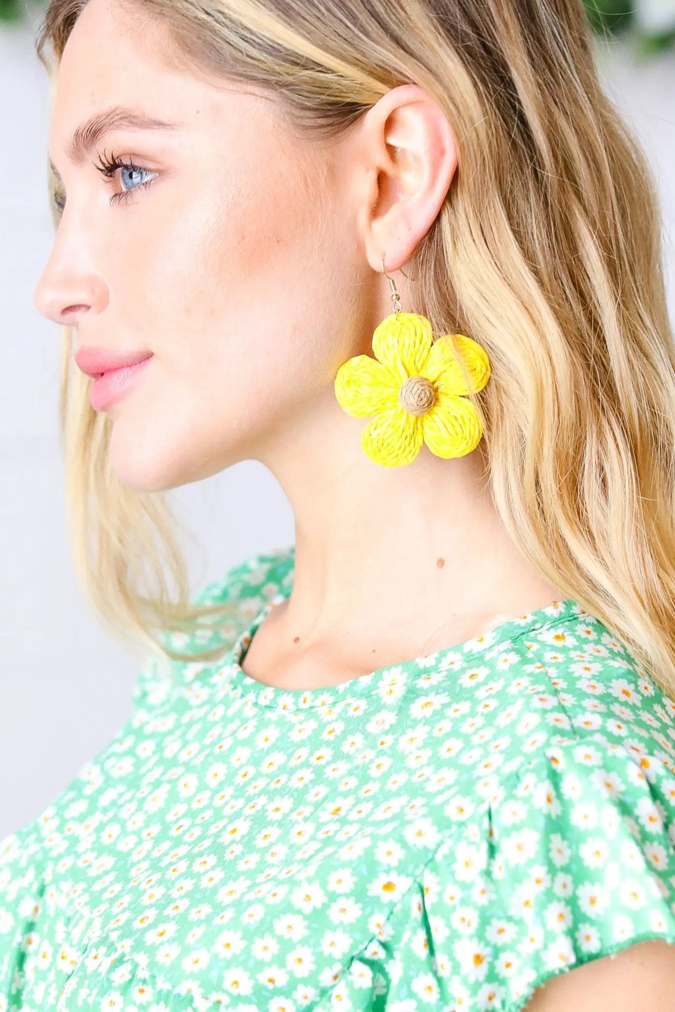 Canary Handwoven Straw Flower Dangle Earrings by Marie Claire