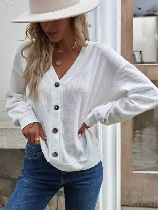 Casual V-Neck Waffle Long Sleeve Top - Bitsy Gypsy Boutique