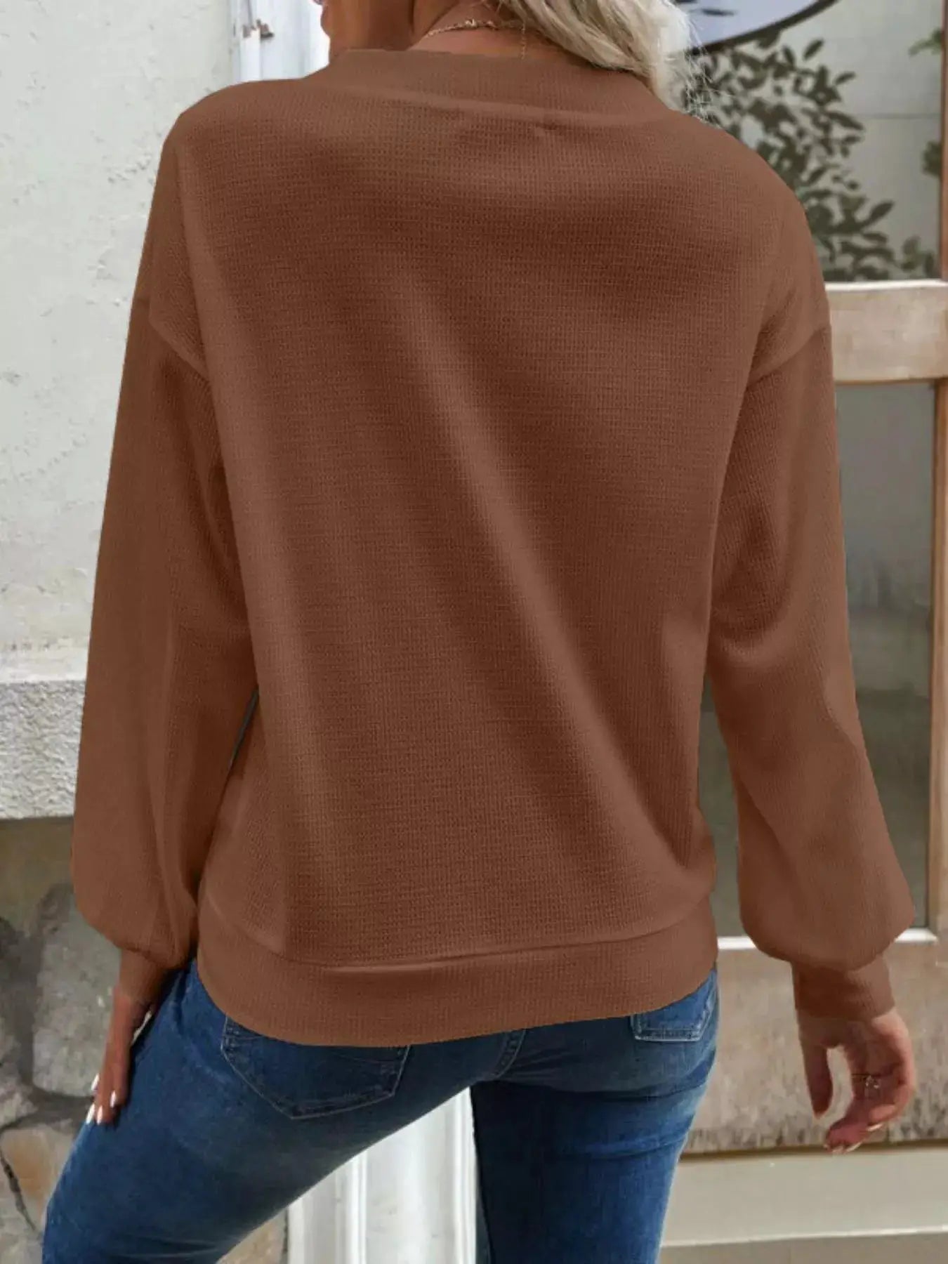 Casual V-Neck Waffle Long Sleeve Top by Trendsi