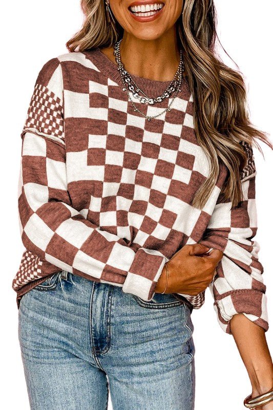 Checkered Drop Shoulder Round Neck Sweater - Bitsy Gypsy Boutique