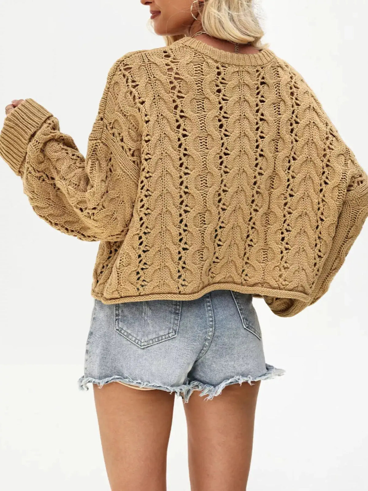 Chic Cable Knit Half-Button Openwork Sweater by Trendsi