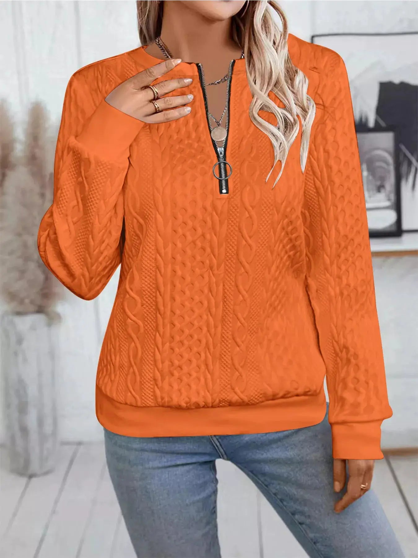 Chic Cable Texture Quarter-Zip Sweatshirt by Trendsi