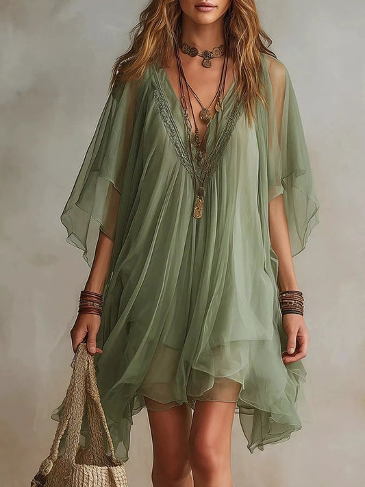 Chiffon V-Neck Mini Dress - Bitsy Gypsy Boutique