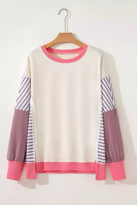 Color-Block Striped Crew Neck Sweatshirt by Trendsi