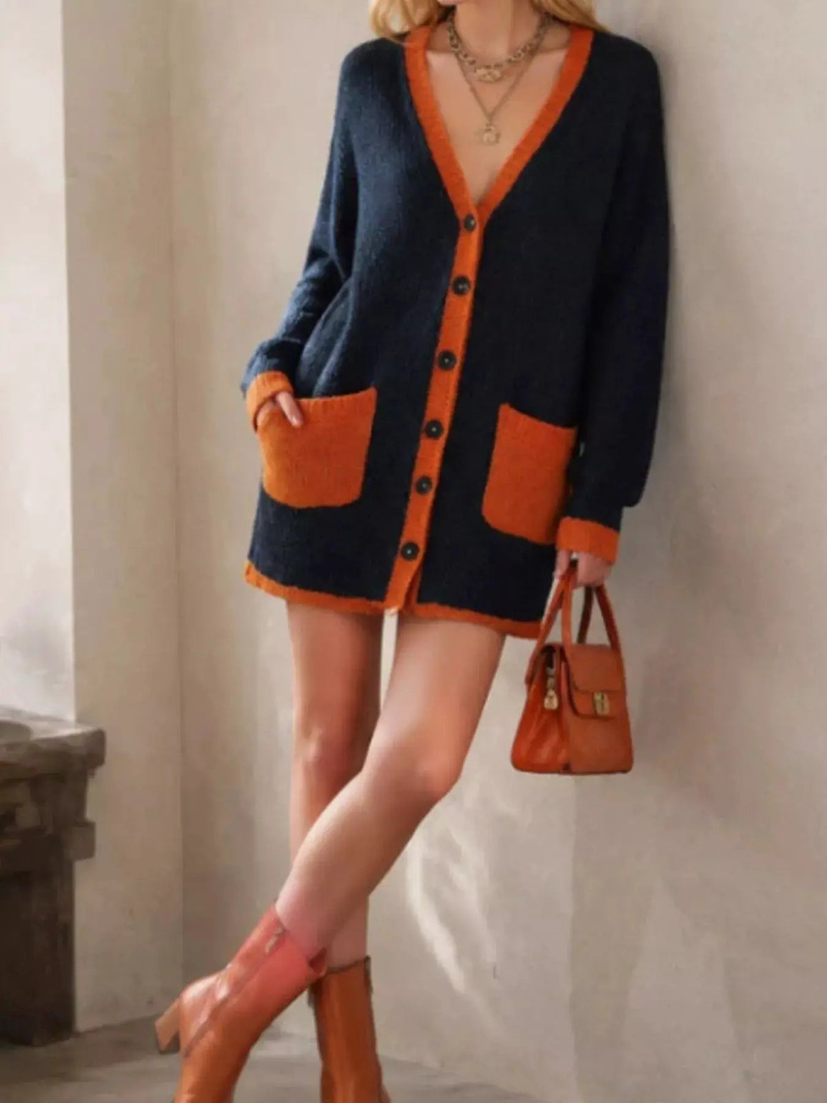 Color-Block V-Neck Button-Down Knit Cardigan - Bitsy Gypsy Boutique