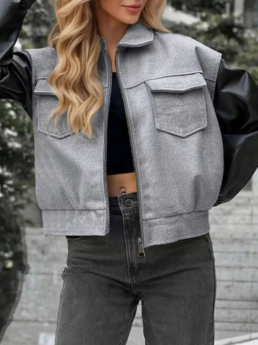 Color Block Zip Front Pocketed Jacket - Bitsy Gypsy Boutique