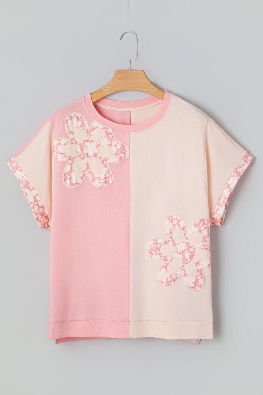 Colorblock Flower Patch Short Sleeve T-Shirt - Bitsy Gypsy Boutique