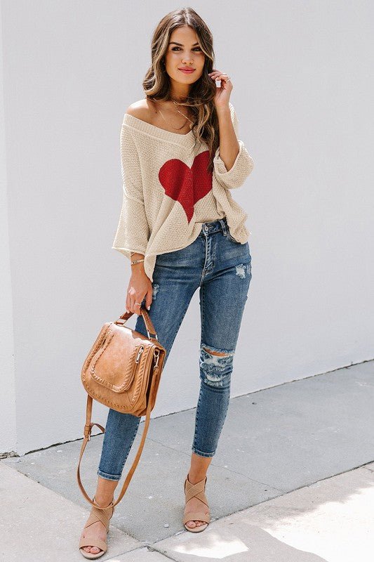 Cotton Khaki Beige cream Casual Heart Knit Sweater - Bitsy Gypsy Boutique