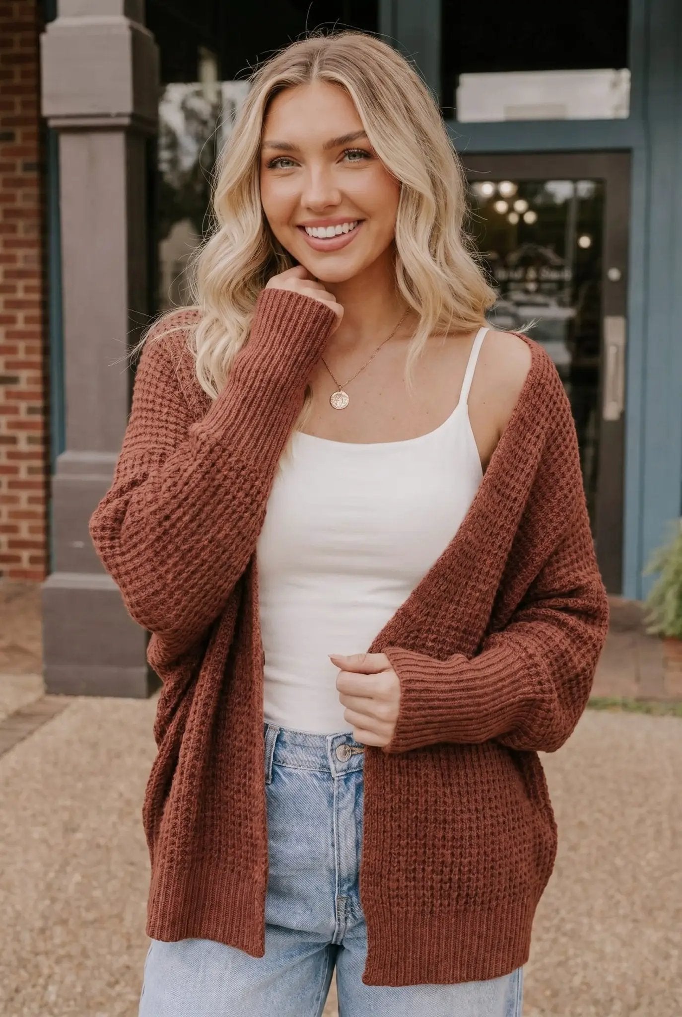 Cozy Button Front Waffle Knit Cardigan in Rust by Kye Mi