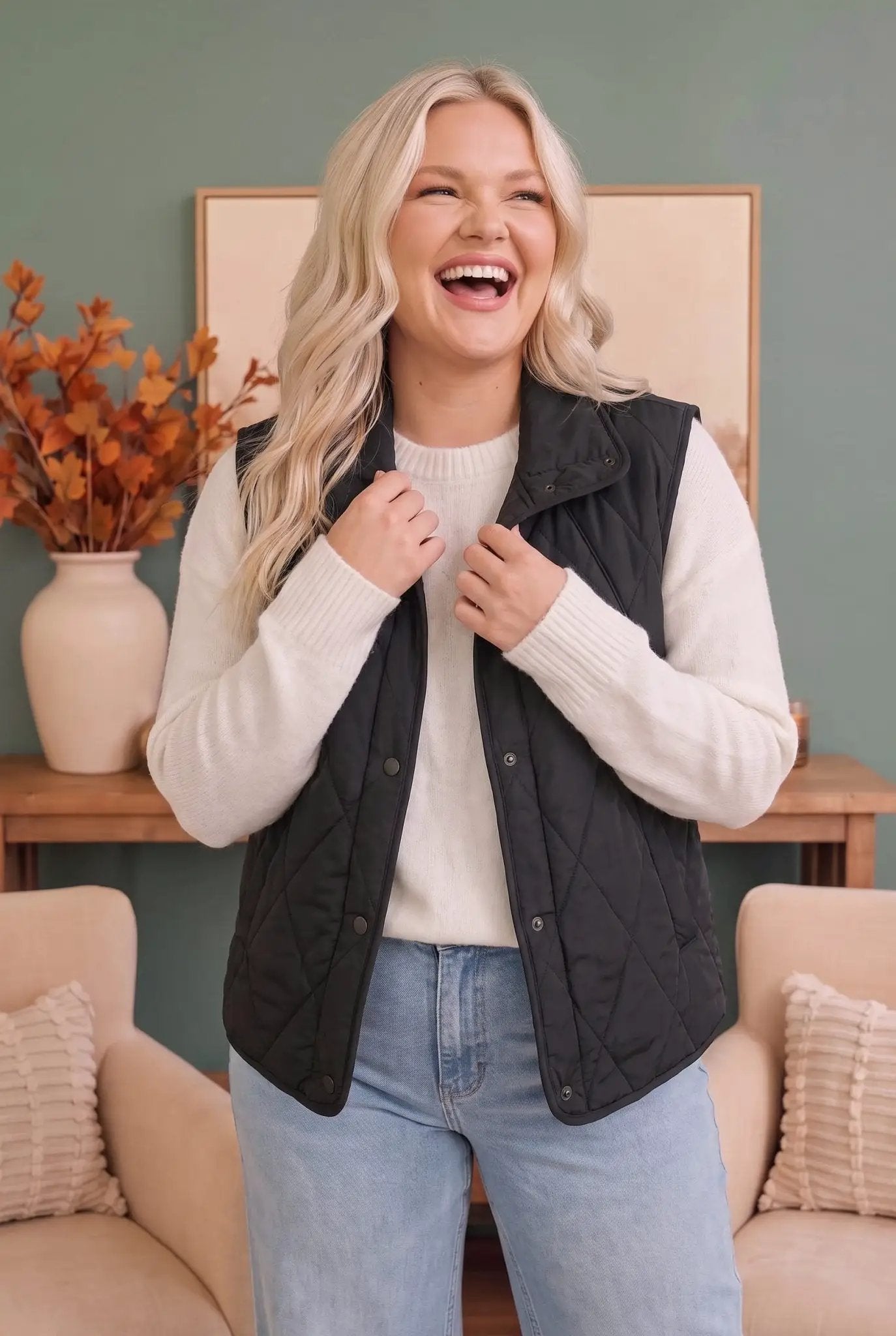 Cozy Days Black Quilted Snap Button Vest by Haptics