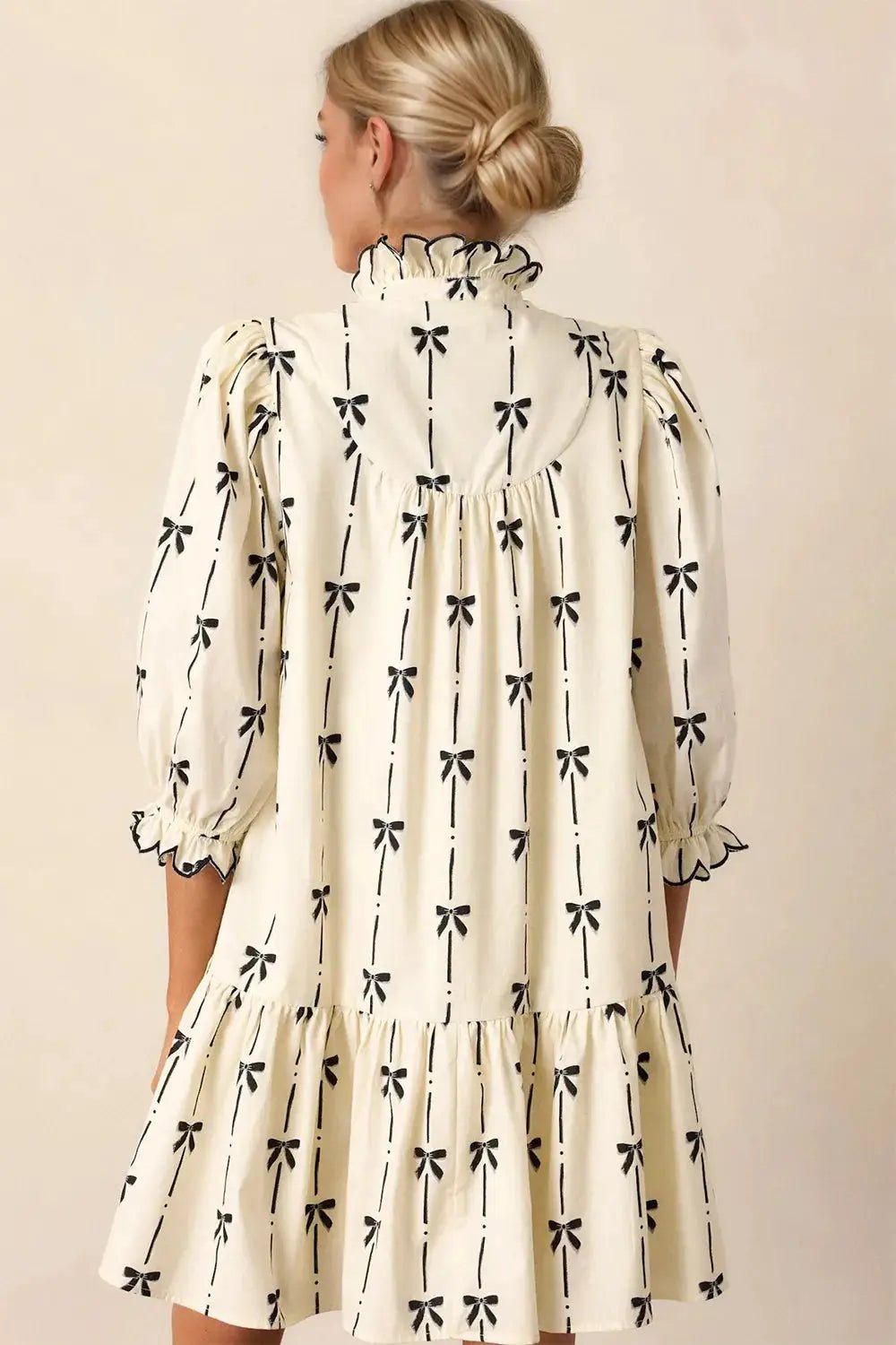 Cream Bow Print Half Sleeve Button Front Mini Dress - Bitsy Gypsy Boutique