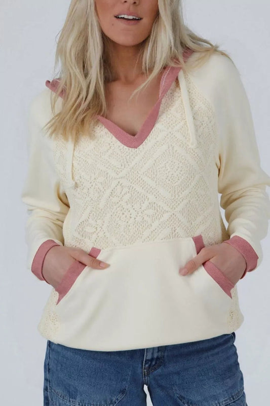 Crochet Knit Contrast Trim Hoodie - Bitsy Gypsy Boutique