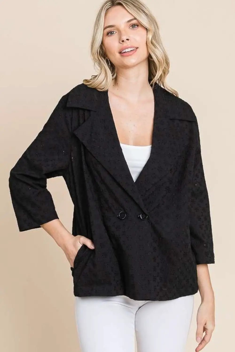 Culture Code Double Breasted Eyelet Jacket with Pockets by Trendsi