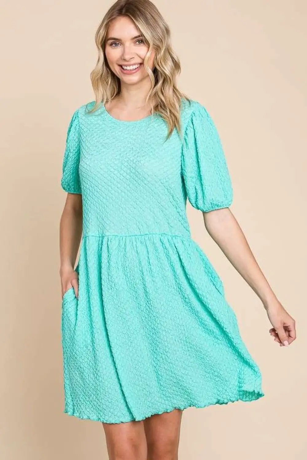 Culture Code Full Size Textured Round Neck Puff Sleeve Dress by Trendsi