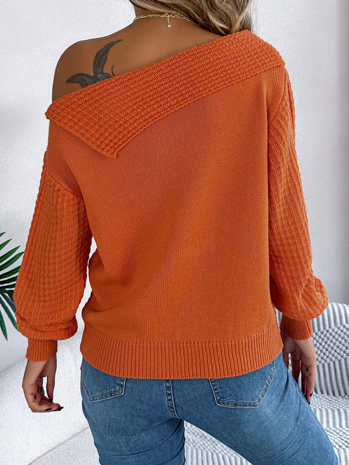 One Shoulder Cable Knit Sweater by Trendsi