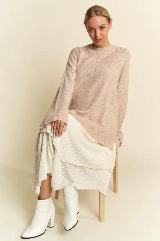 Davi & Dani High-Low Round Neck Drop Shoulder Sweater by Trendsi