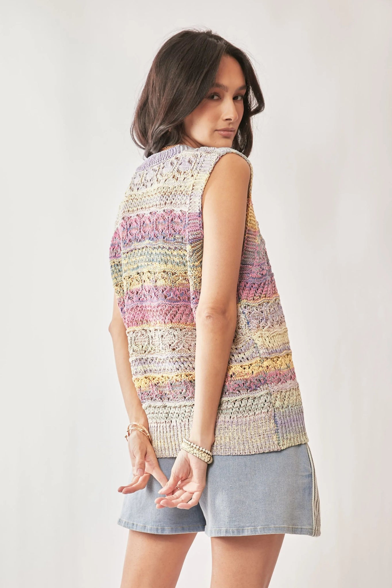 Davi & Dani Multi Color Crochet Sleeveless Knit Vest Top - Bitsy Gypsy Boutique