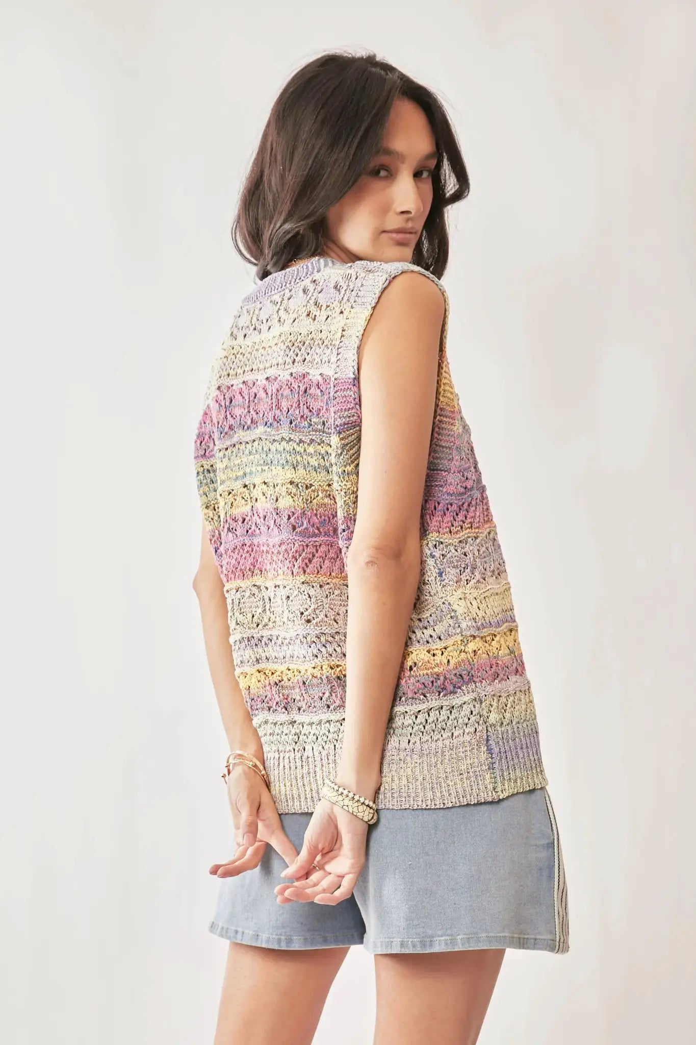 Davi & Dani Multi Color Crochet Sleeveless Knit Vest Top by Trendsi