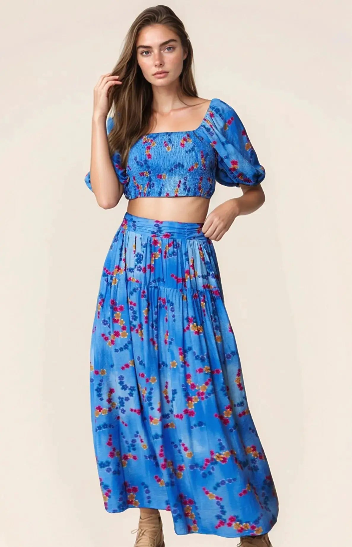 Davi & Dani Printed Smocking Waistband Ruffled Maxi Skirt by Trendsi