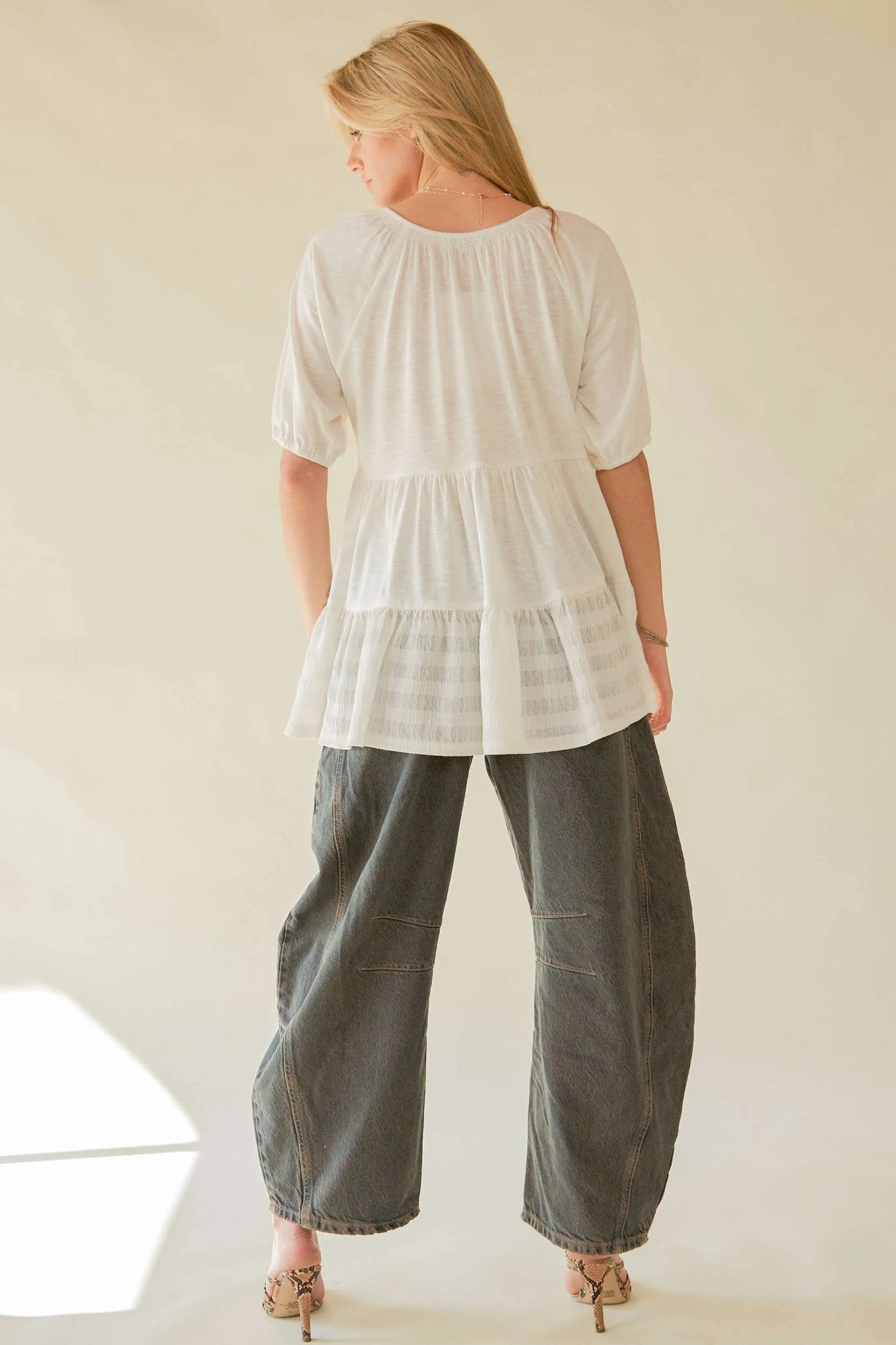 Davi & Dani Ruffled Flared Short Sleeve V Neck Blouse - Bitsy Gypsy Boutique